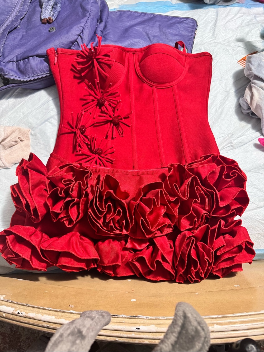 Red Ruffled Mini Dress with Floral Appliqué